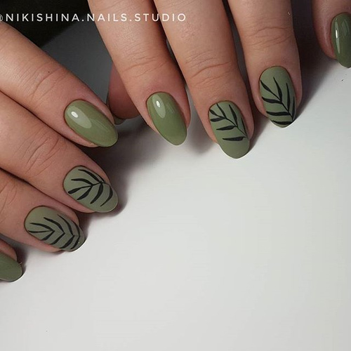 Matte Green Nails with Leaves