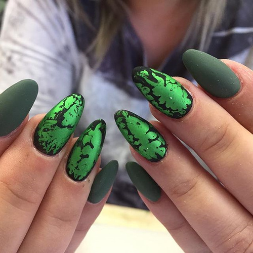 Matte Green Nails with Foil