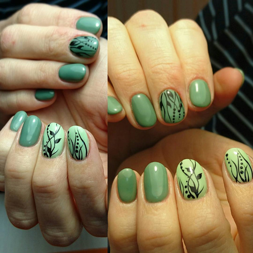 Green Floral nails with Thin Lines