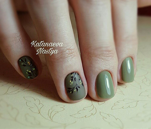 Olive Green Nail Art with Thin Leaves