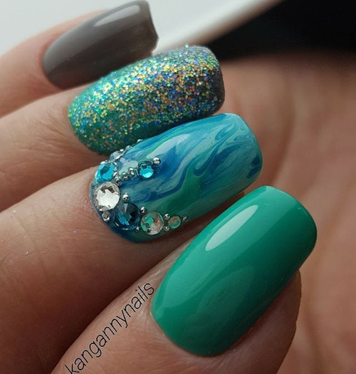 Blue and Green Nail Design with Stones