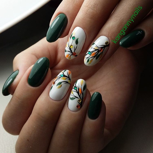 Green and White Nails with Leaves