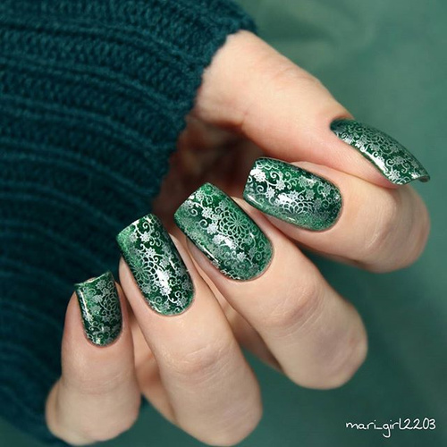Emerald Green Nails with Stamping Lace