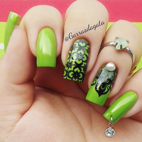 Lime Green Nails with Black Stamping