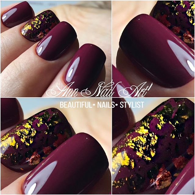 wine red and gold nails