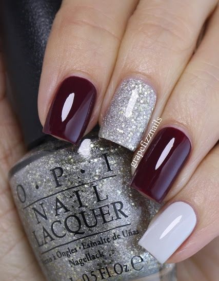 white, silver and wine red nails