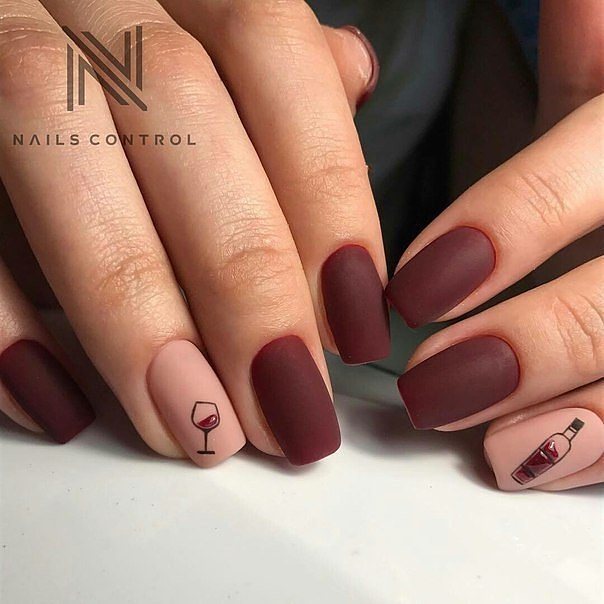 wine bottle and glass matte nail design