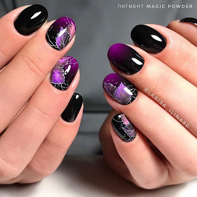 purple autumn nail design with leaves