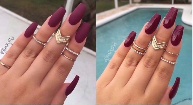 wine red glossy and matte nails