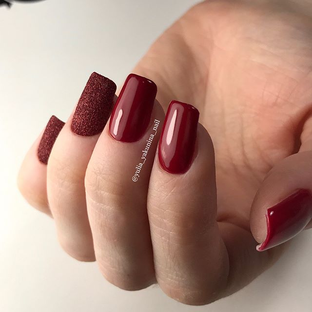 glossy and matte wine red manicure