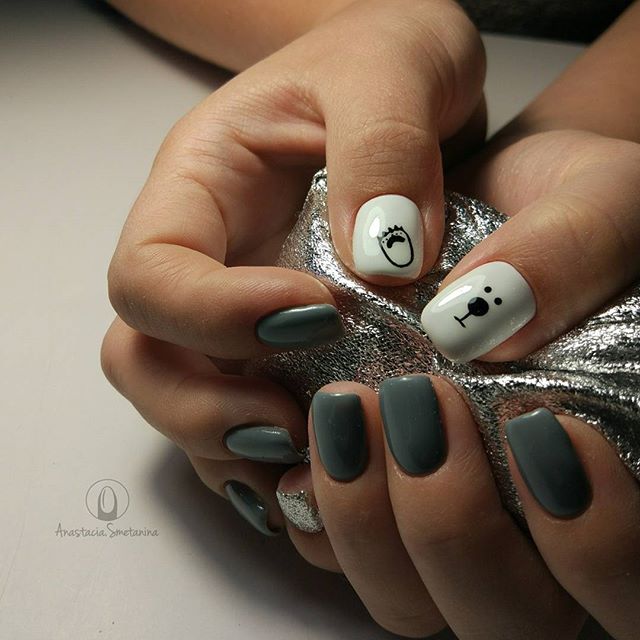 Grey and white nail design with teddy bears