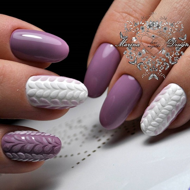 purple and white sweater nail design