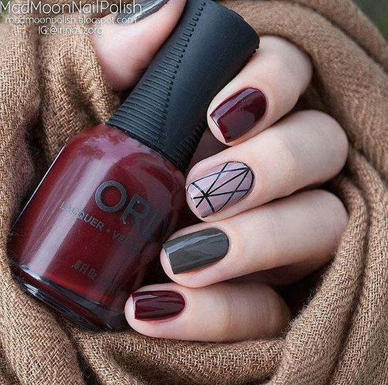 grey and marsala nail design with hygge