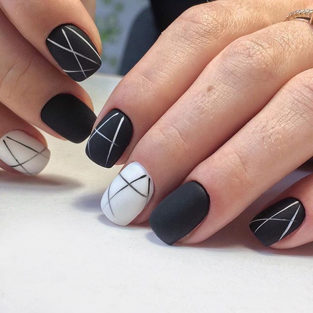 black and white geometric hygge nail art