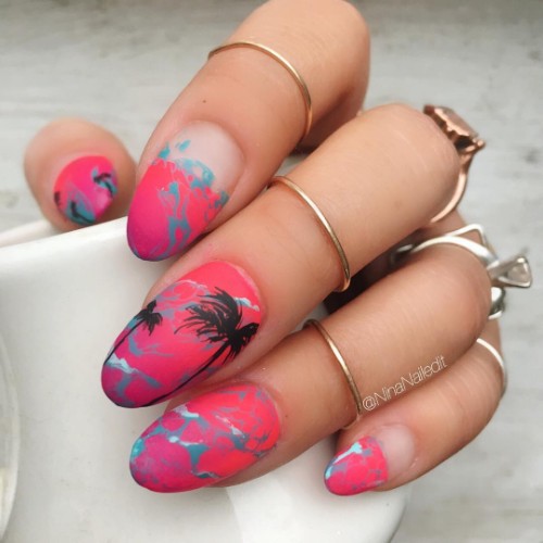pink-matte-nails-for-coachella-with-palmtrees