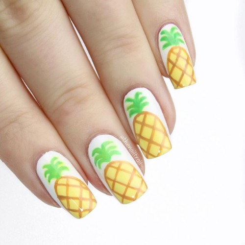 white-nail-design-with-pineapples-coachella-inspired