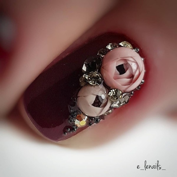 wine nail design with clear peony candy ball