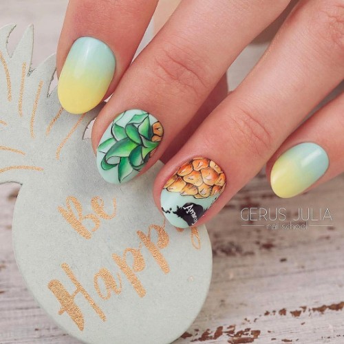 blue and yellow ombre nails with pineapple