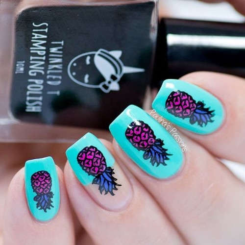 blue nails with pink pineapples