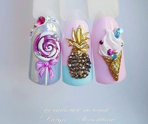 pink and blue nails with crystal pixies pineapple