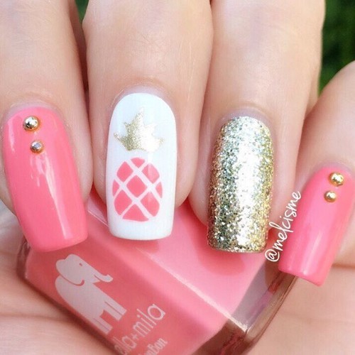 pink nails with pineapple and golden accent nail