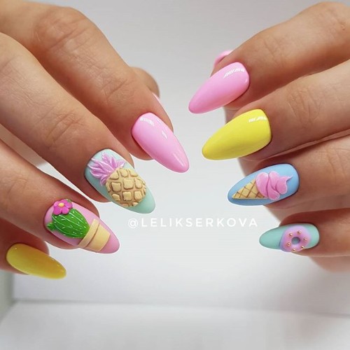 summer pastel nails with pineapples icecream and cactus