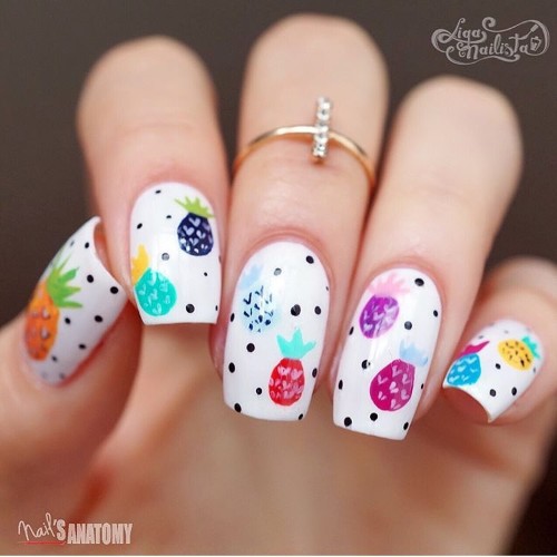 white square nails with colorful pineapples