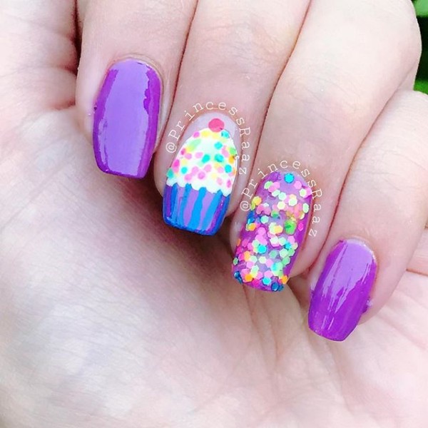 purple-birthday-nails-with-cupcake-and-glitter-confetti