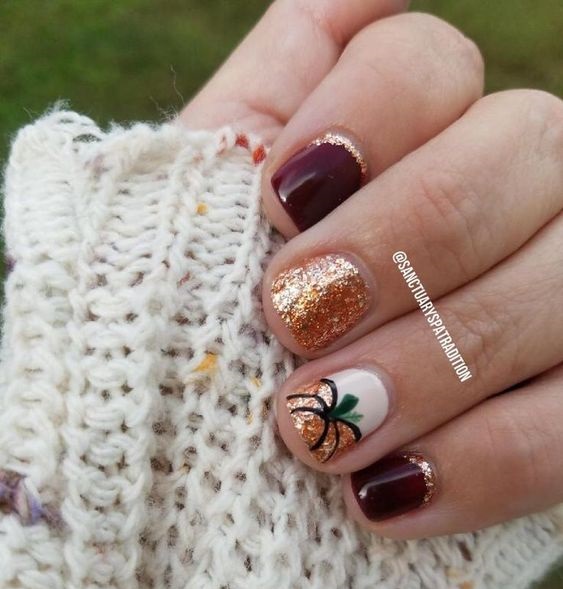 wine-gold-glitter-pumpkin-nails