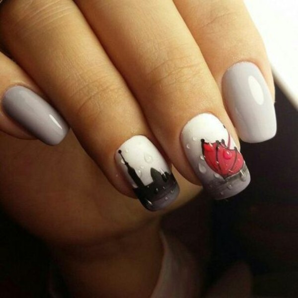 black-n-white-urban-city-fall-nails-with-red-umbrella