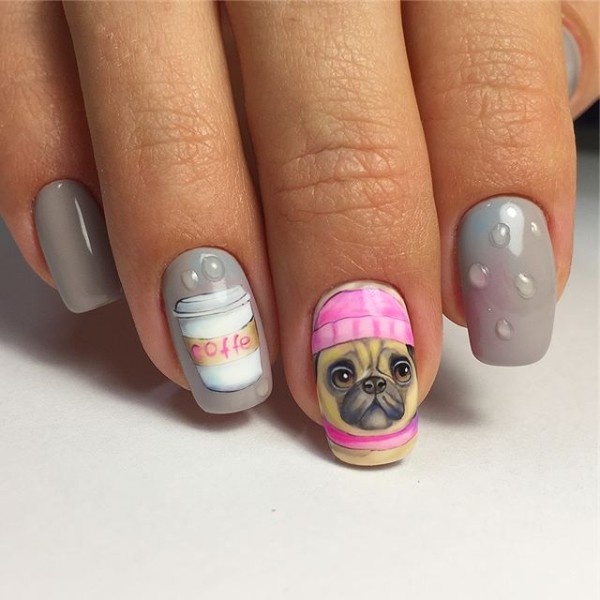 cute-fall-dog-with-coffee-nail-art-design