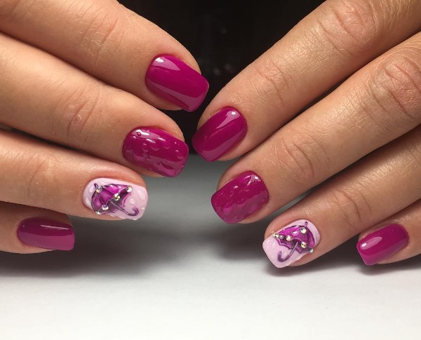 fall-fuchsia-pink-nails-with-raindrops-and-umbrella