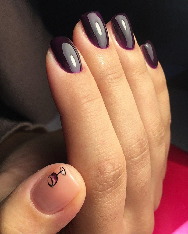 dark plum nails with glass of wine art