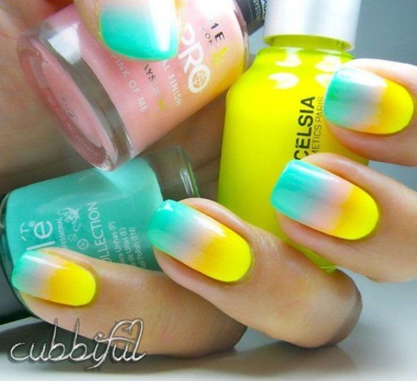 tri color yellow ombre nails with pink and blue