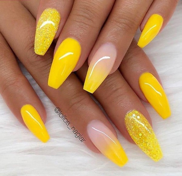 coffin acrylic yellow nails
