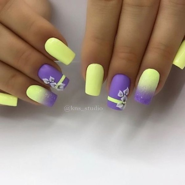 lily and yellow nail art with ombre