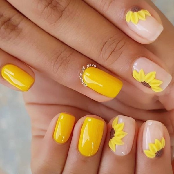 squoval sunflower yellow manicure