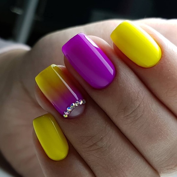 violet and yellow special event nails