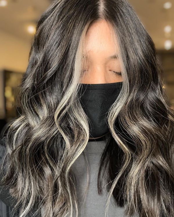 Black hair Color with Ashy Money Pieces Balayage