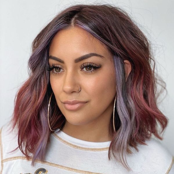 Pink and Blue Medium Hairstyle with Highlights Around the Face