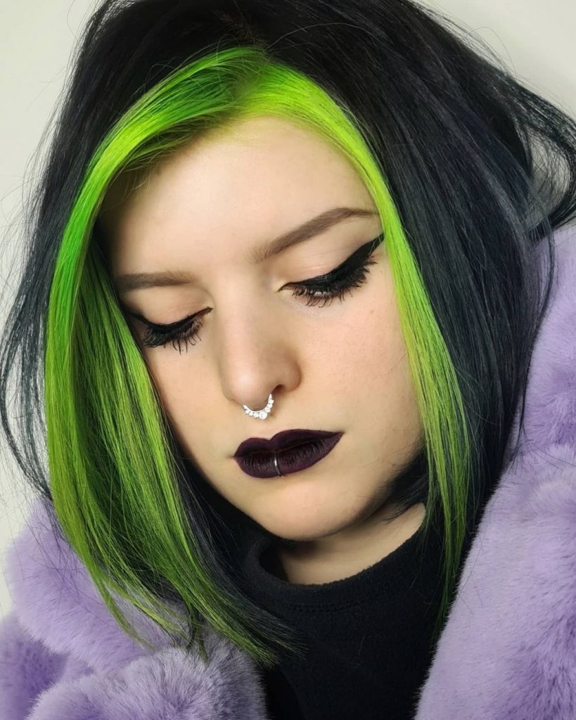 Neon Green Face Framing Highlights with Black Hair for Young Girls Goth