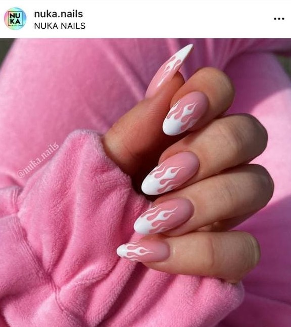 Feminine Pink and White Fire Flames Nails