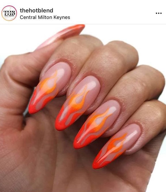 Naturally Looking Extra Long Manicure with a Flame Design