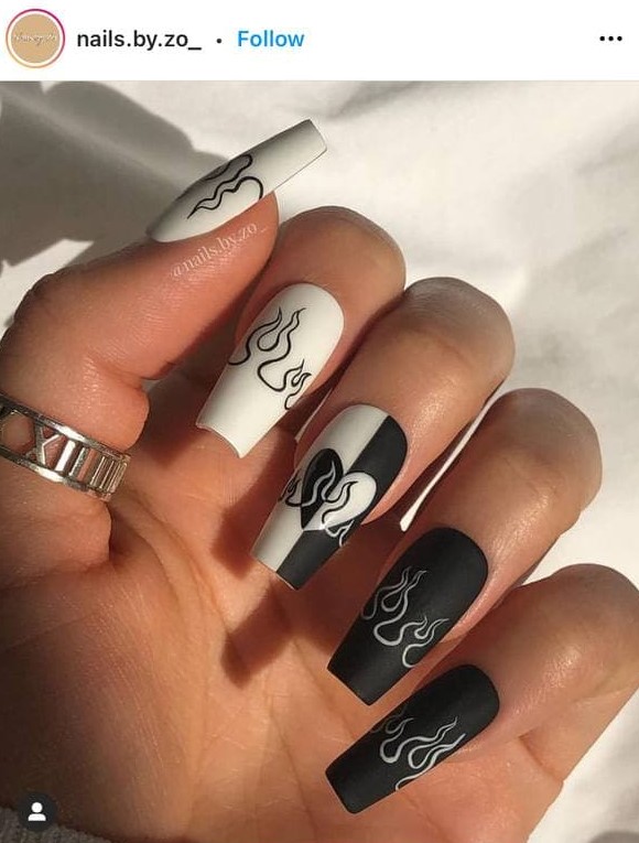 Black and White Nails with Flames