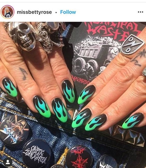 Green Flames Design on Medium Length Nails