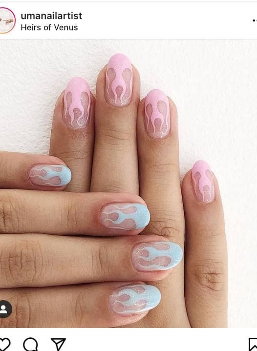 Pink and Light Blue Nails with a Trendy Flame Design