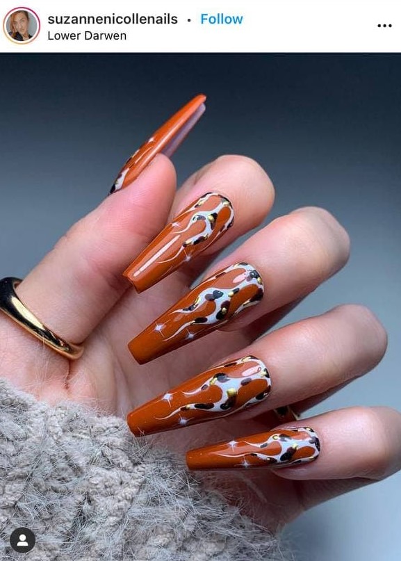Caramel Brown Flame Nails with Dots