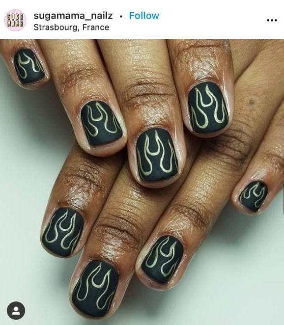 Short Black Nails with Flames on Dark Skin Brown Shade