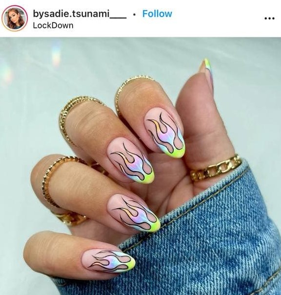 Pink Camouflage and Colorful Flames Nails