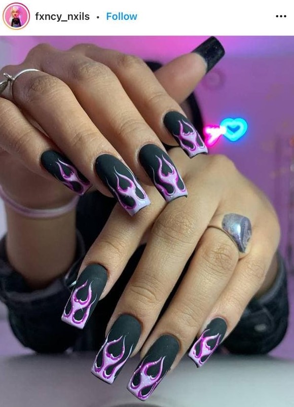 Black and Neon Pink Flame Nails